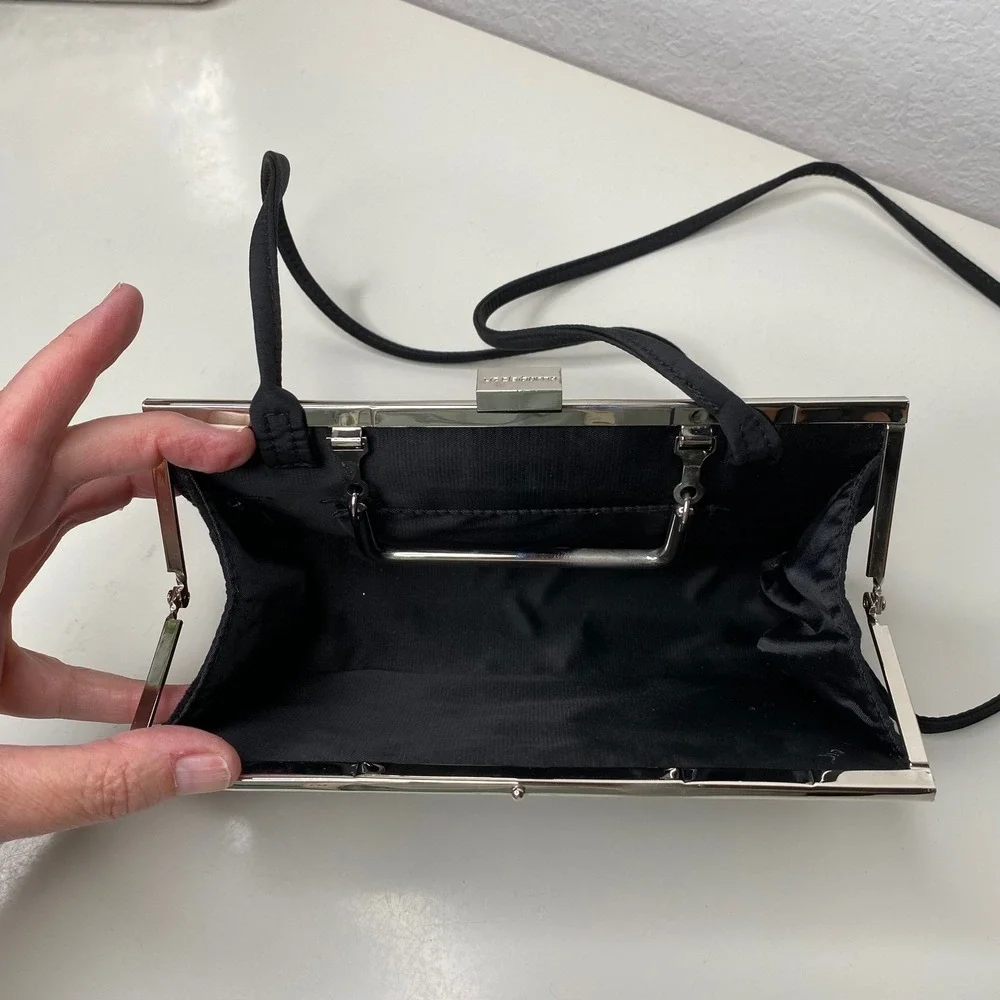 Liz Claiborne Black Floral Glitter Evening Clutch Crossbody Bag Silver‎ Hardware